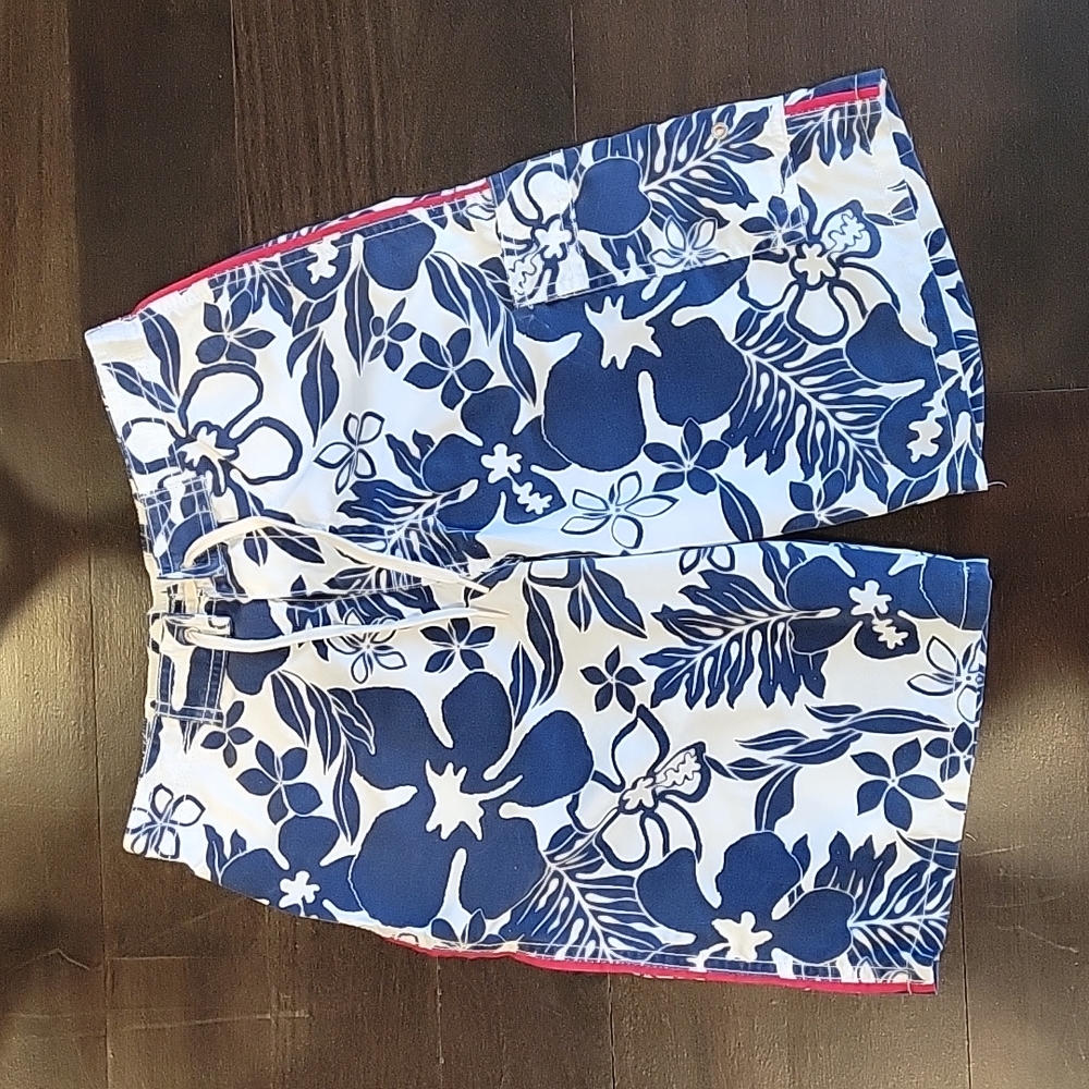 BOY'S CHARLIE ROCKET BLUE AND WHITE FLORAL SWIM TRUNKS SHORTS BATHING SUIT SZ 12